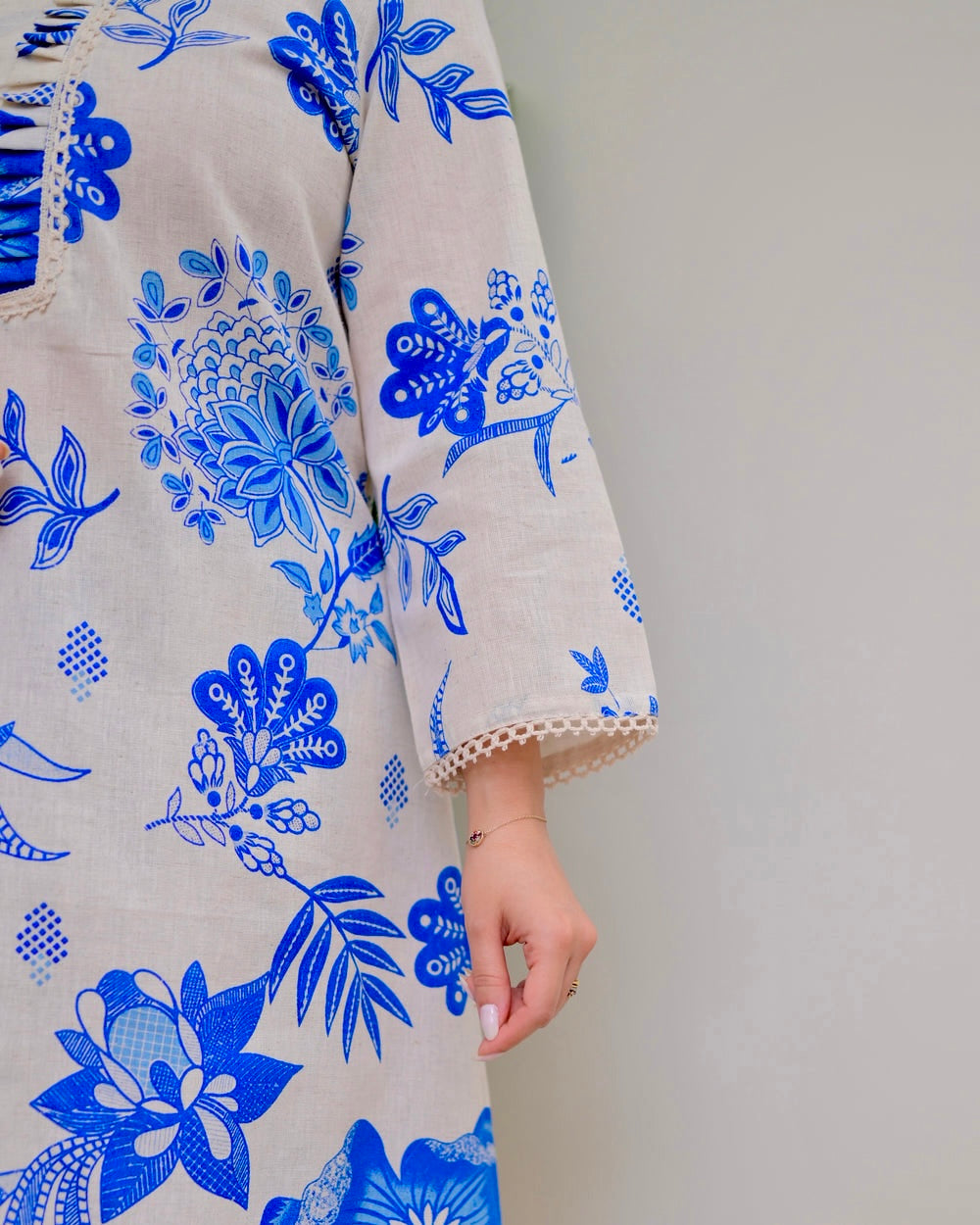 BLUE FLORAL A LINE PREMIUM 100% COTTON KURTA SET