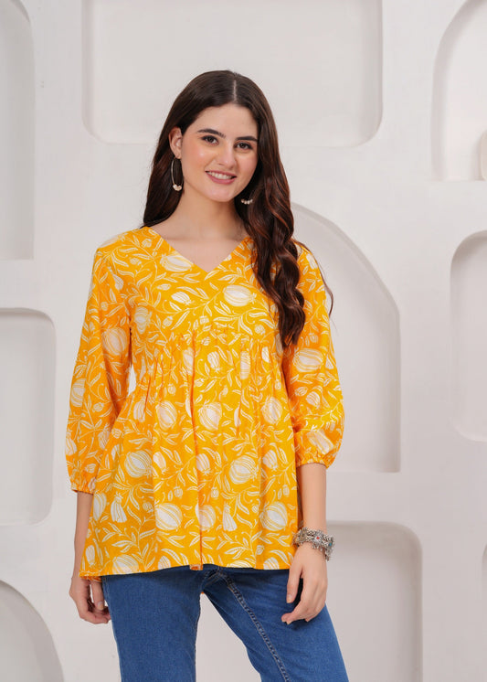 Yellow Cotton V-neck Top