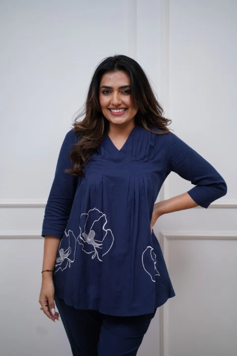 Royal Blue A-Line Embroidery Kurta With Pant