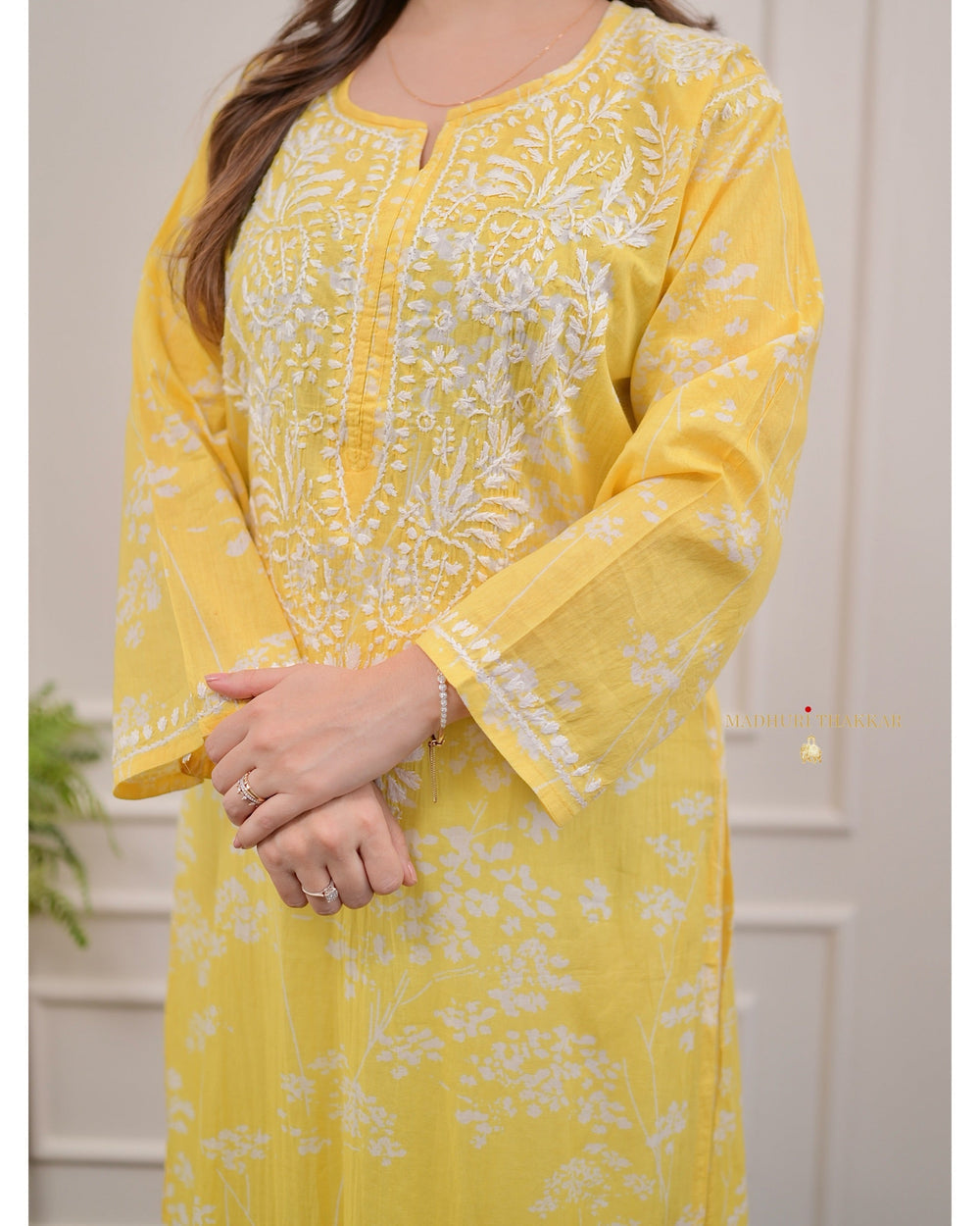 YELLOW CHIKANKARI EMBROIDERED STRAIGHT MUL COTTON KURTI