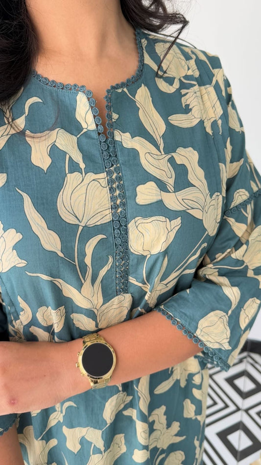 Premium Teal Floral Cotton Kurta Set
