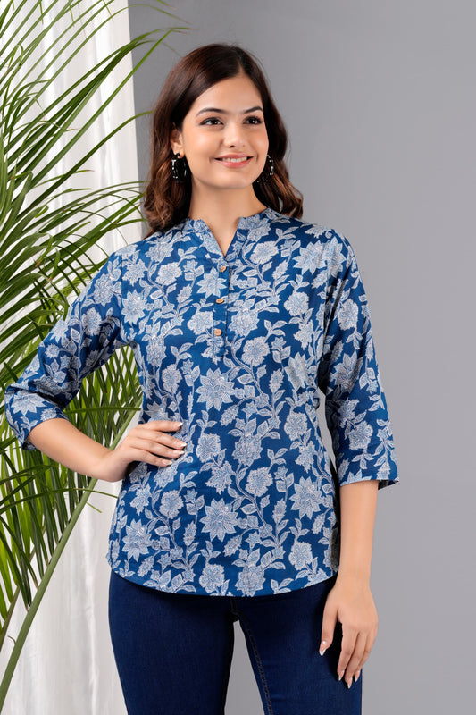 Cut and Style Women Floral Printed Short Kurti Tunic Top ¾ Sleeves (Navy Blue-Flower)