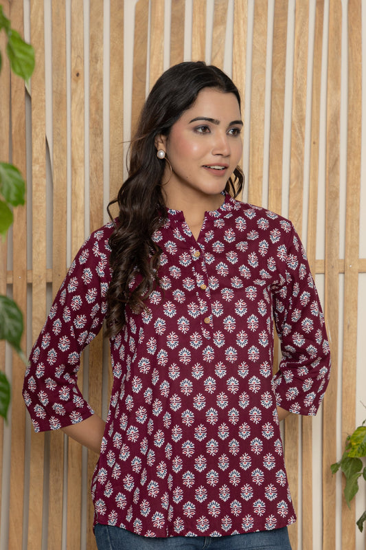 NEW FLOWER PRINT TUNIC KURTI(DARK RED)