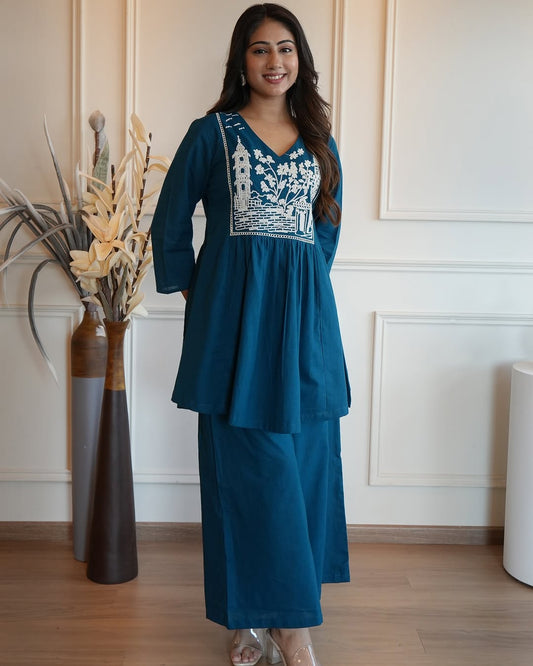 Teal Embroidered Kurta and Palazzo Set