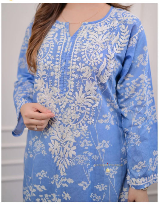 BLUE FLORAL CHIKANKARI EMBROIDERED STRAIGHT KURTI PANT SET COTTON