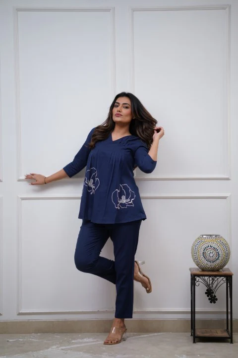 Royal Blue A-Line Embroidery Kurta With Pant