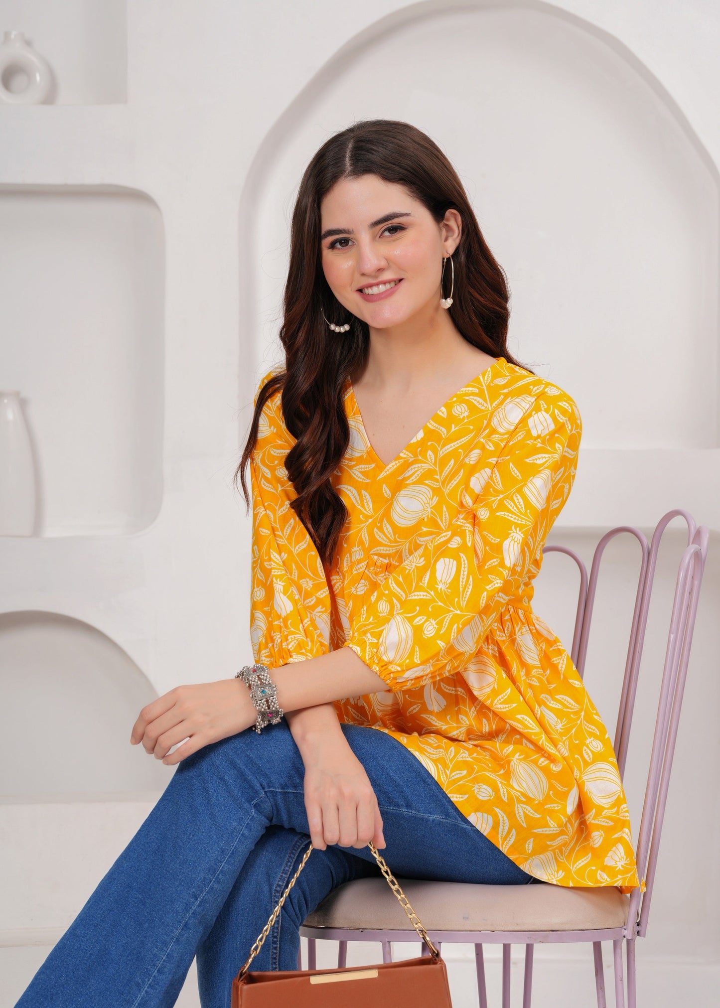 Yellow Cotton V-neck Top