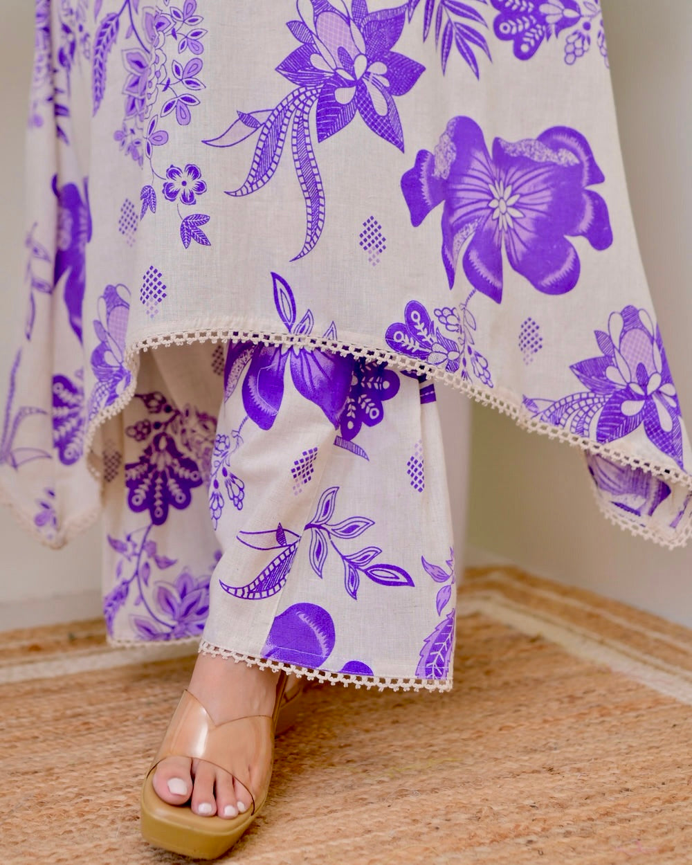PURPLE FLORAL A LINE PREMIUM 100% COTTON KURTA SET