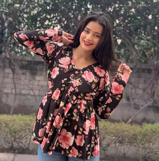 Floral Charm Peplum Top – Black & Pink