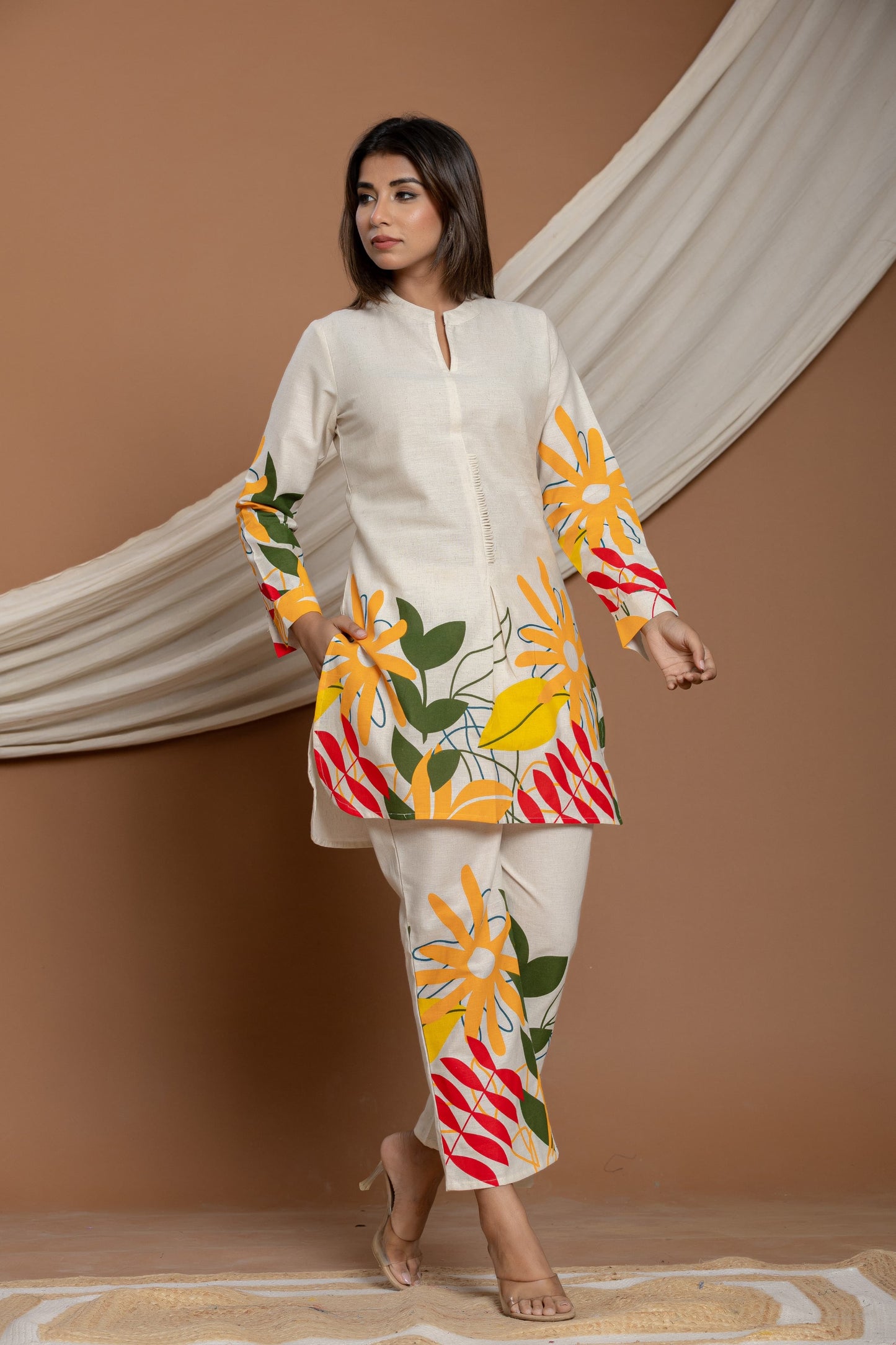 Ivory Cotton Tropical Printed Cotton Co-Ord Set for Summer