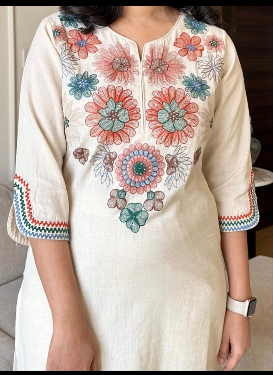 Elegant Floral Off White Cotton Flex Embroidered Kurta Set
