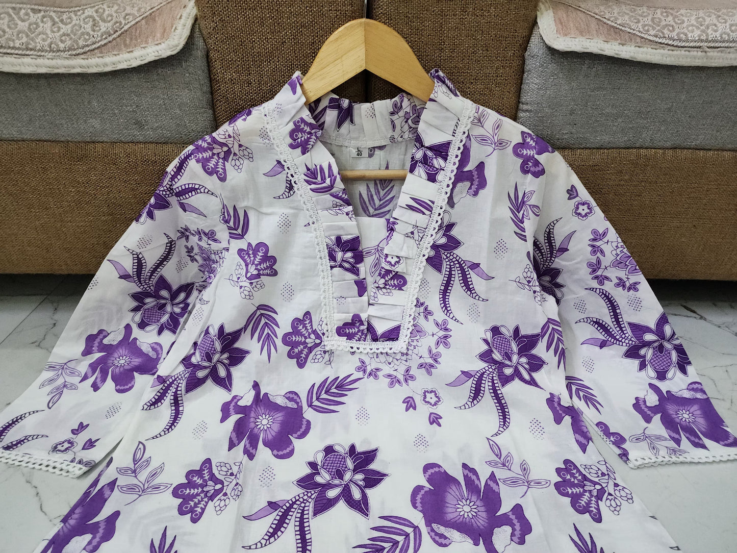 PURPLE FLORAL A LINE PREMIUM 100% COTTON KURTA SET