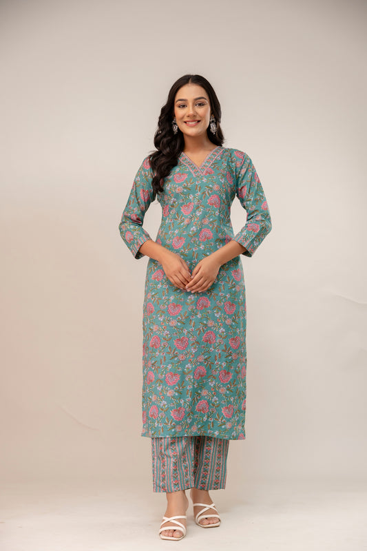 Blossom Breeze Floral Premium Cotton Kurta Pant Set