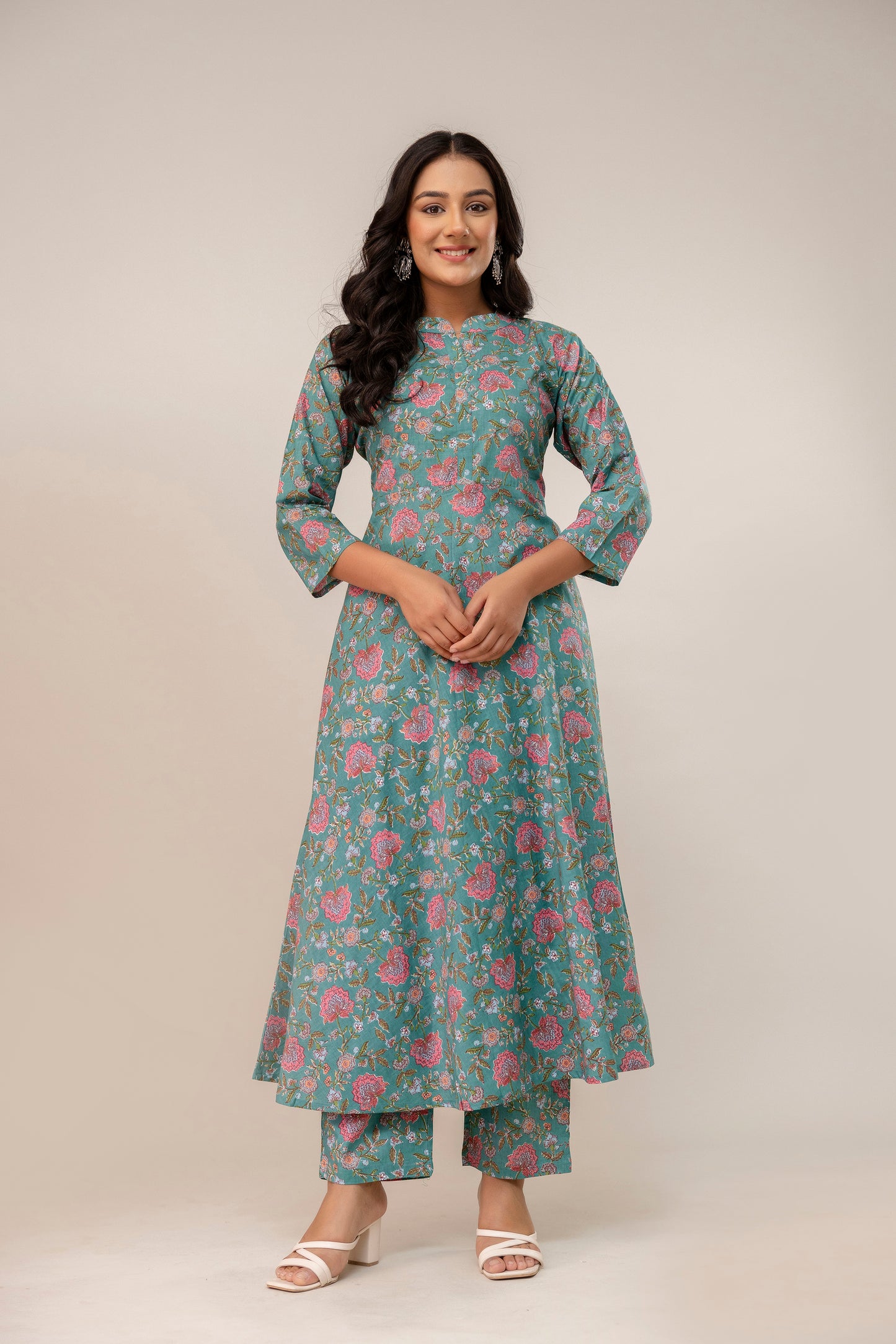 SereniTeal β Flared Cotton Kurta Set
