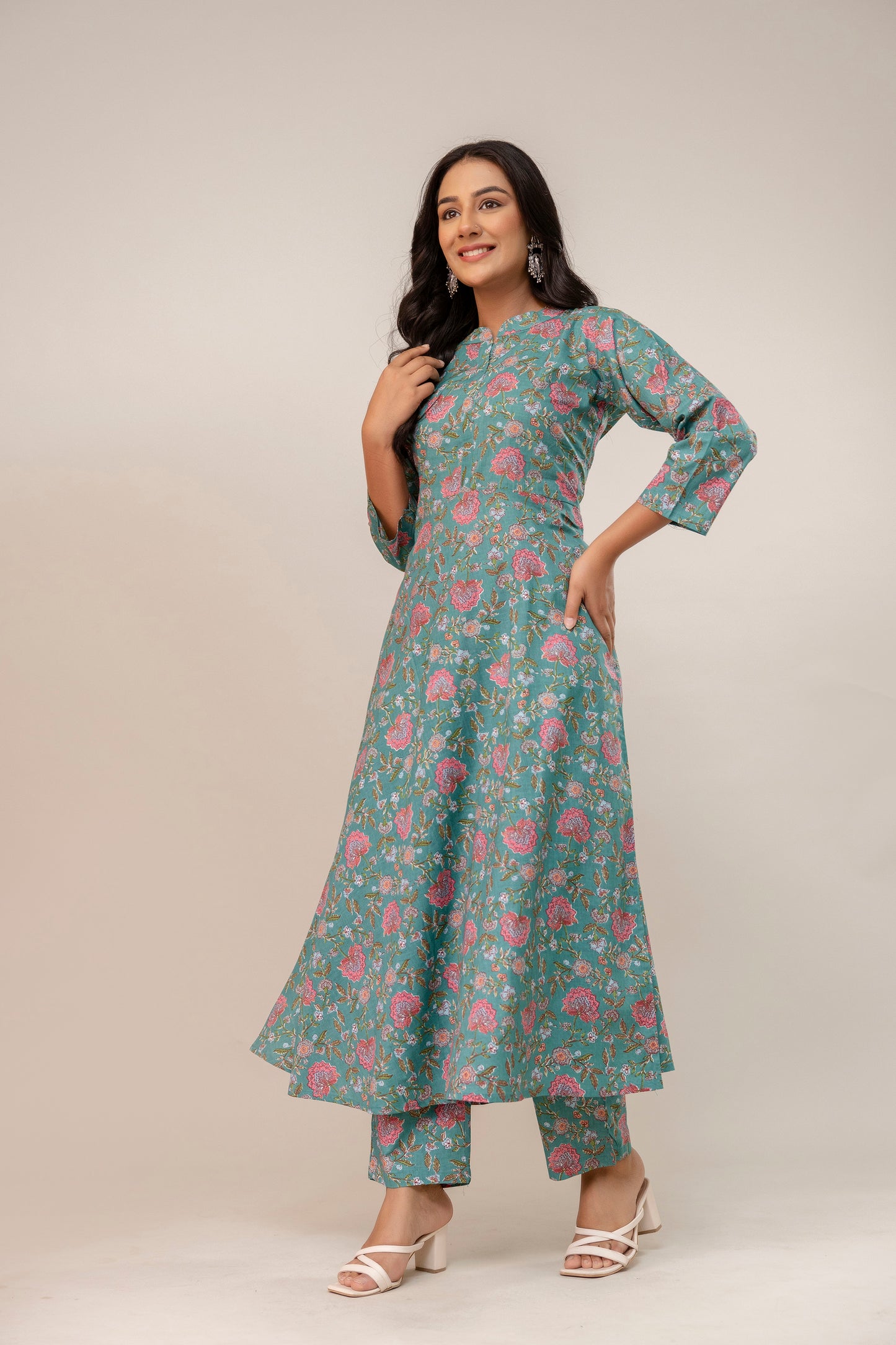 SereniTeal β Flared Cotton Kurta Set
