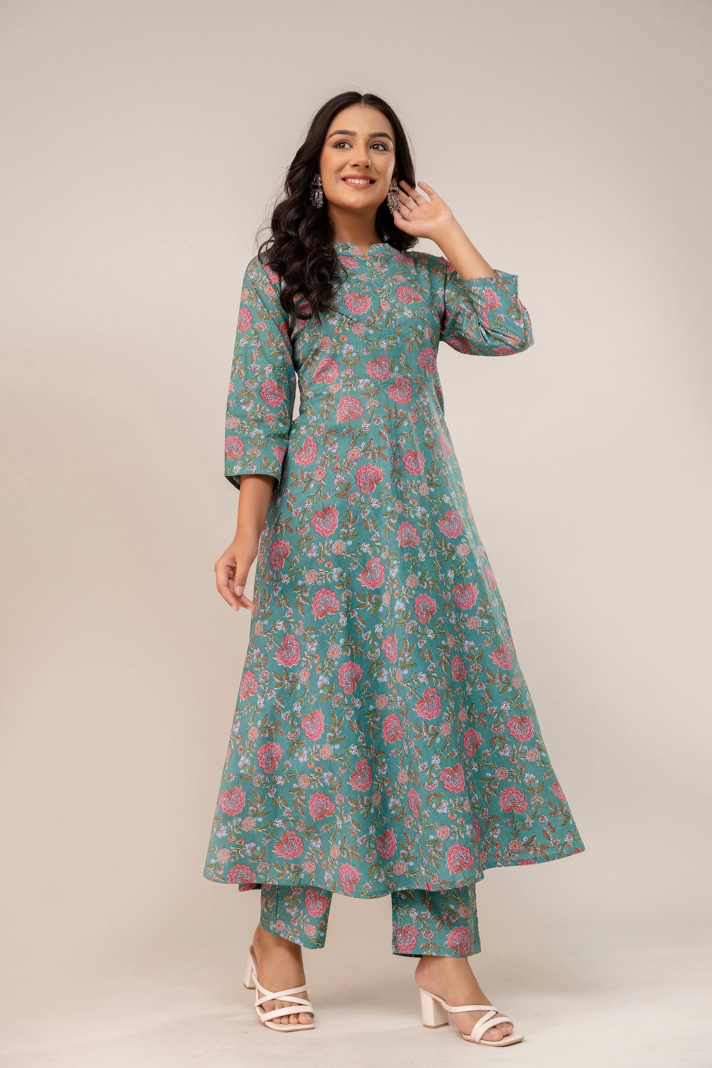 SereniTeal β Flared Cotton Kurta Set