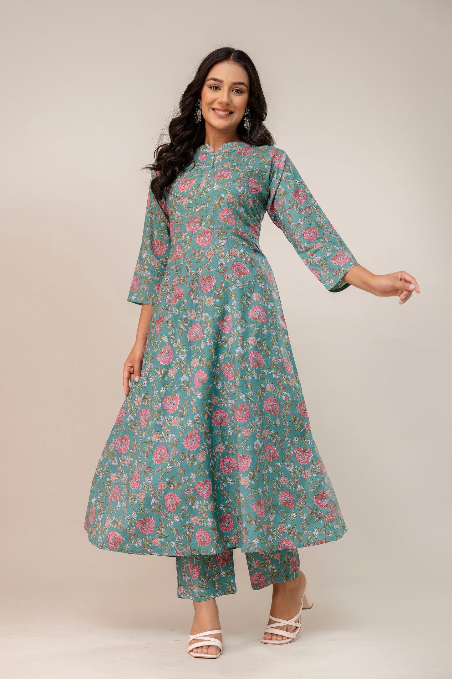 SereniTeal β Flared Cotton Kurta Set
