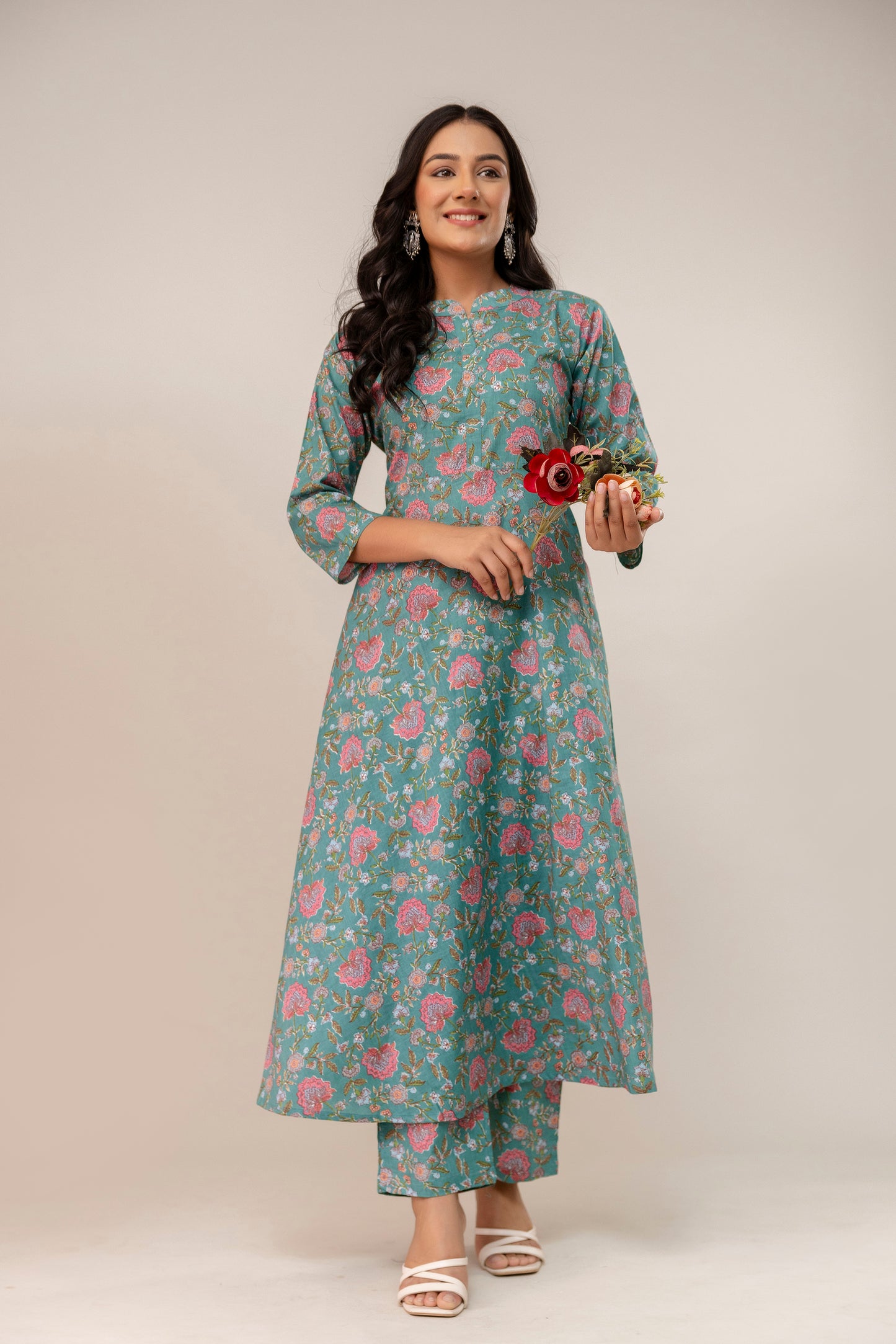 SereniTeal β Flared Cotton Kurta Set