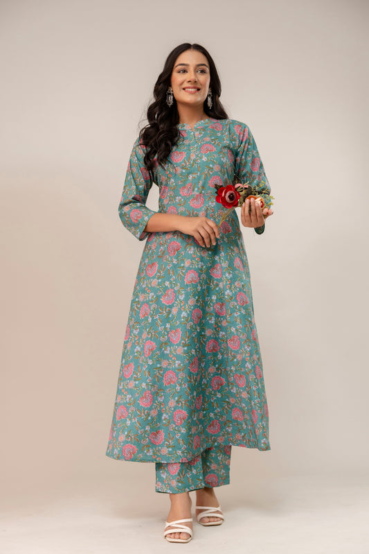 SereniTeal – Flared Cotton Kurta Set