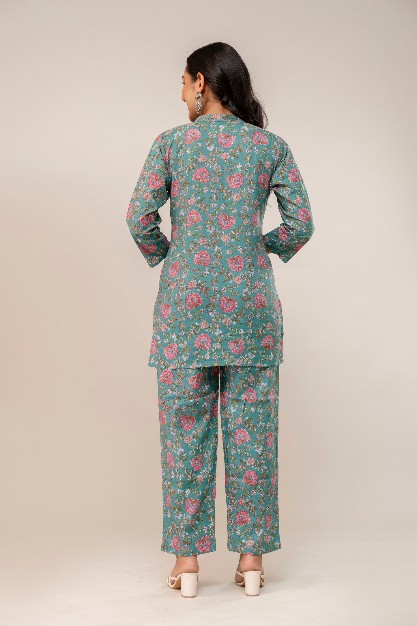 Teal Blossom Cotton Kurta Set β Rose Garden Print