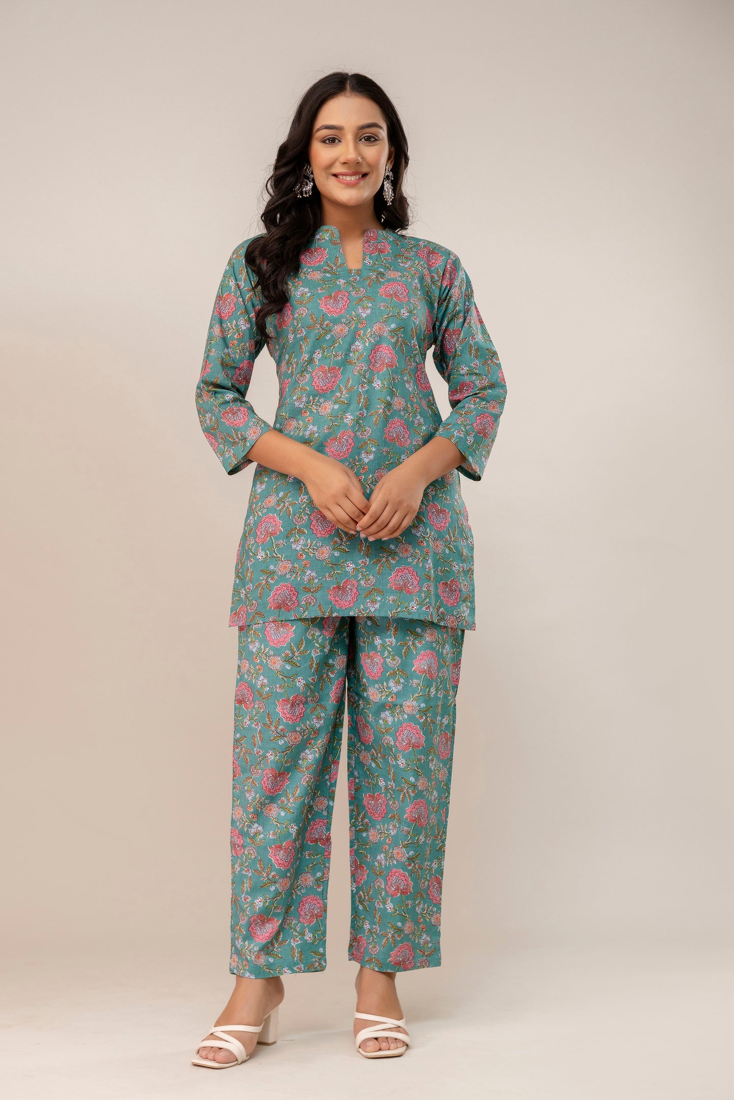 Teal Blossom Cotton Kurta Set β Rose Garden Print