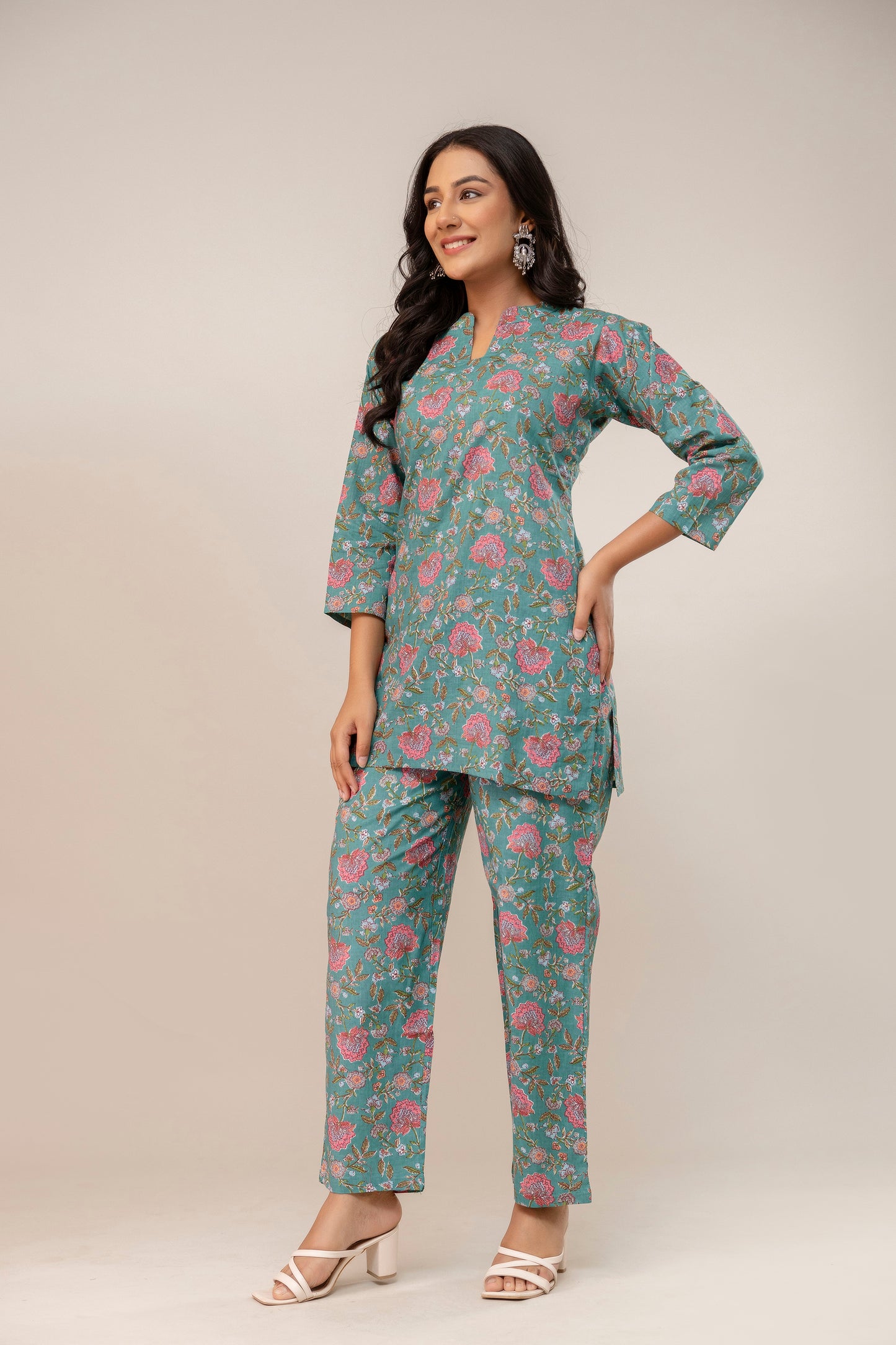 Teal Blossom Cotton Kurta Set β Rose Garden Print