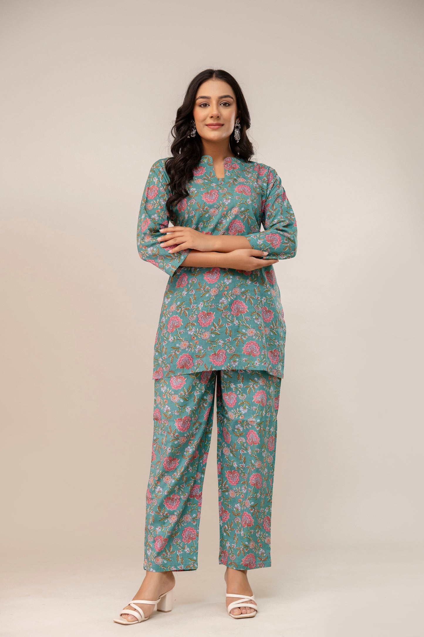 Teal Blossom Cotton Kurta Set β Rose Garden Print