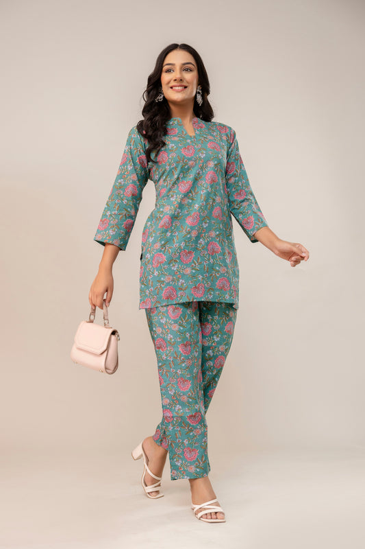 Teal Blossom Cotton Kurta Set – Rose Garden Print