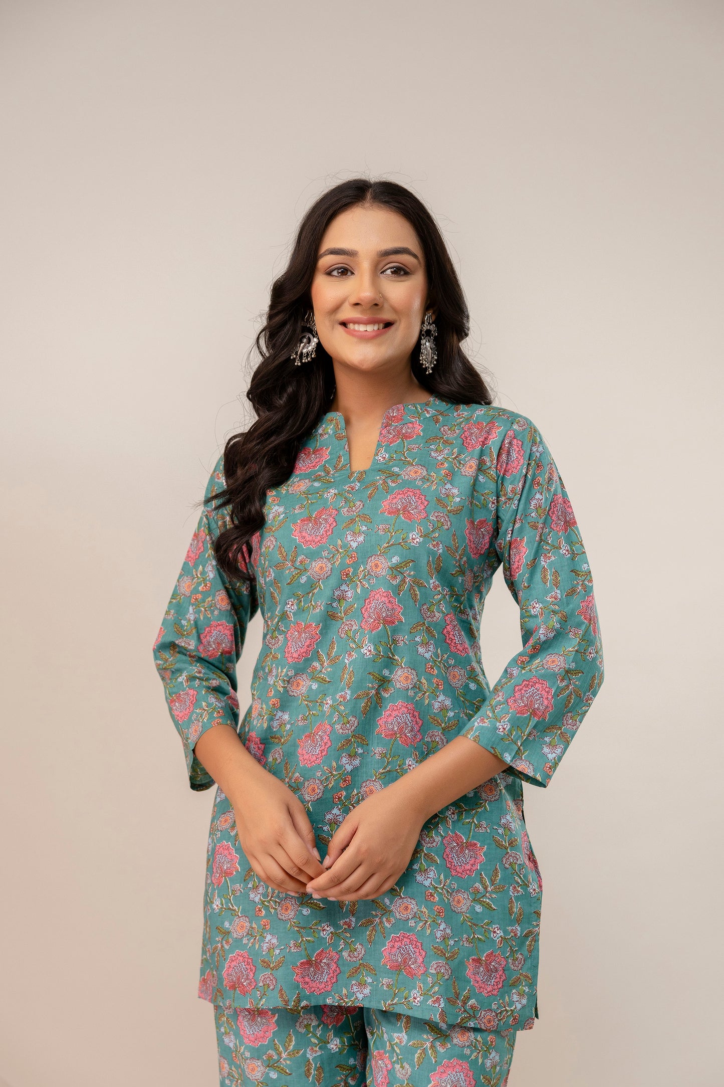Teal Blossom Cotton Kurta Set β Rose Garden Print