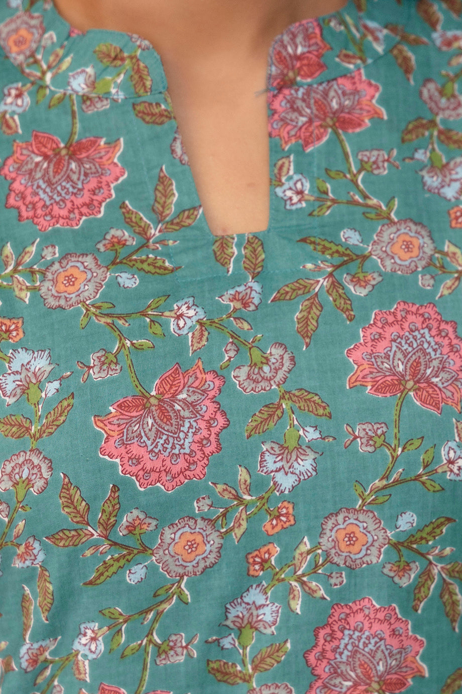 Teal Blossom Cotton Kurta Set β Rose Garden Print
