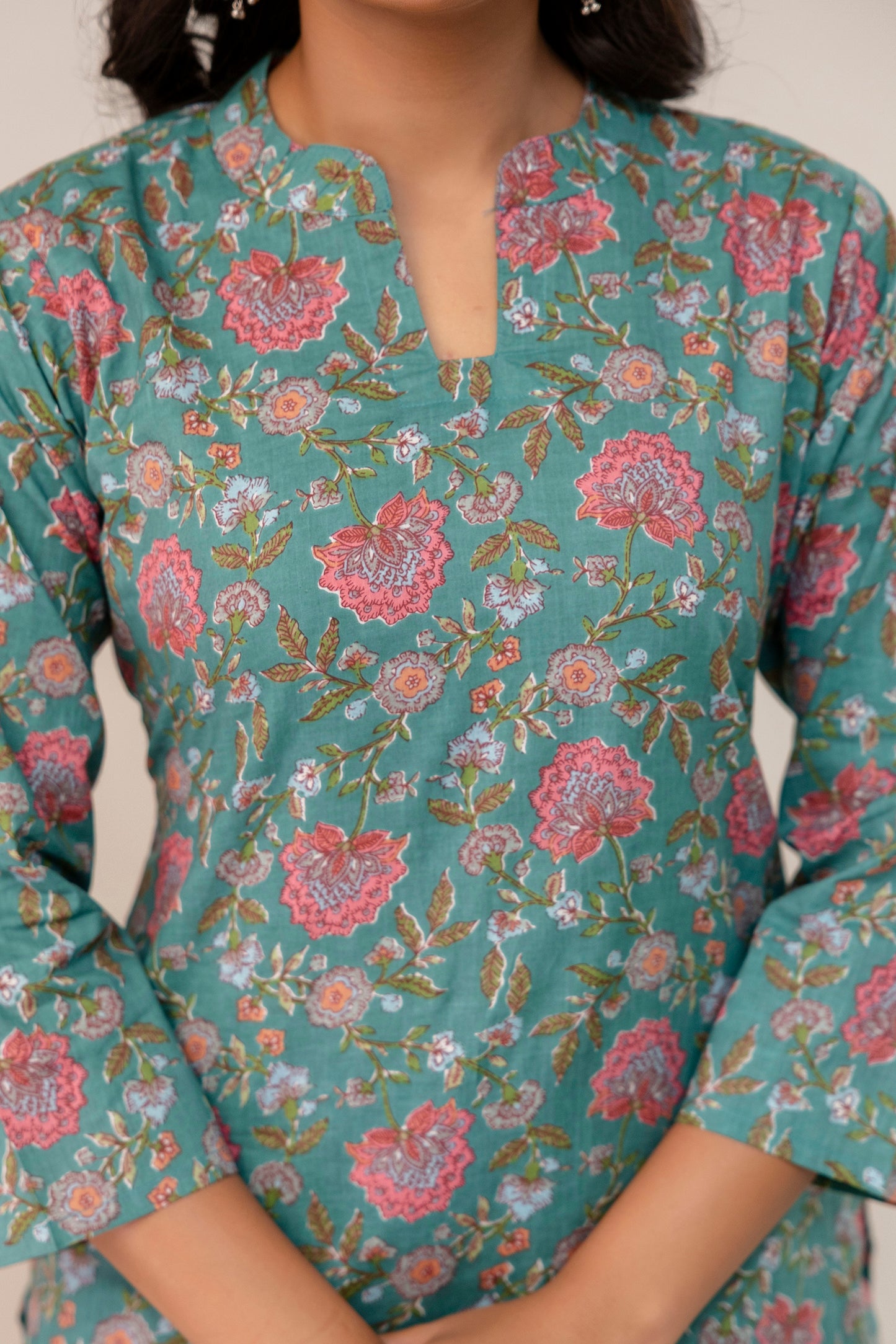 Teal Blossom Cotton Kurta Set β Rose Garden Print