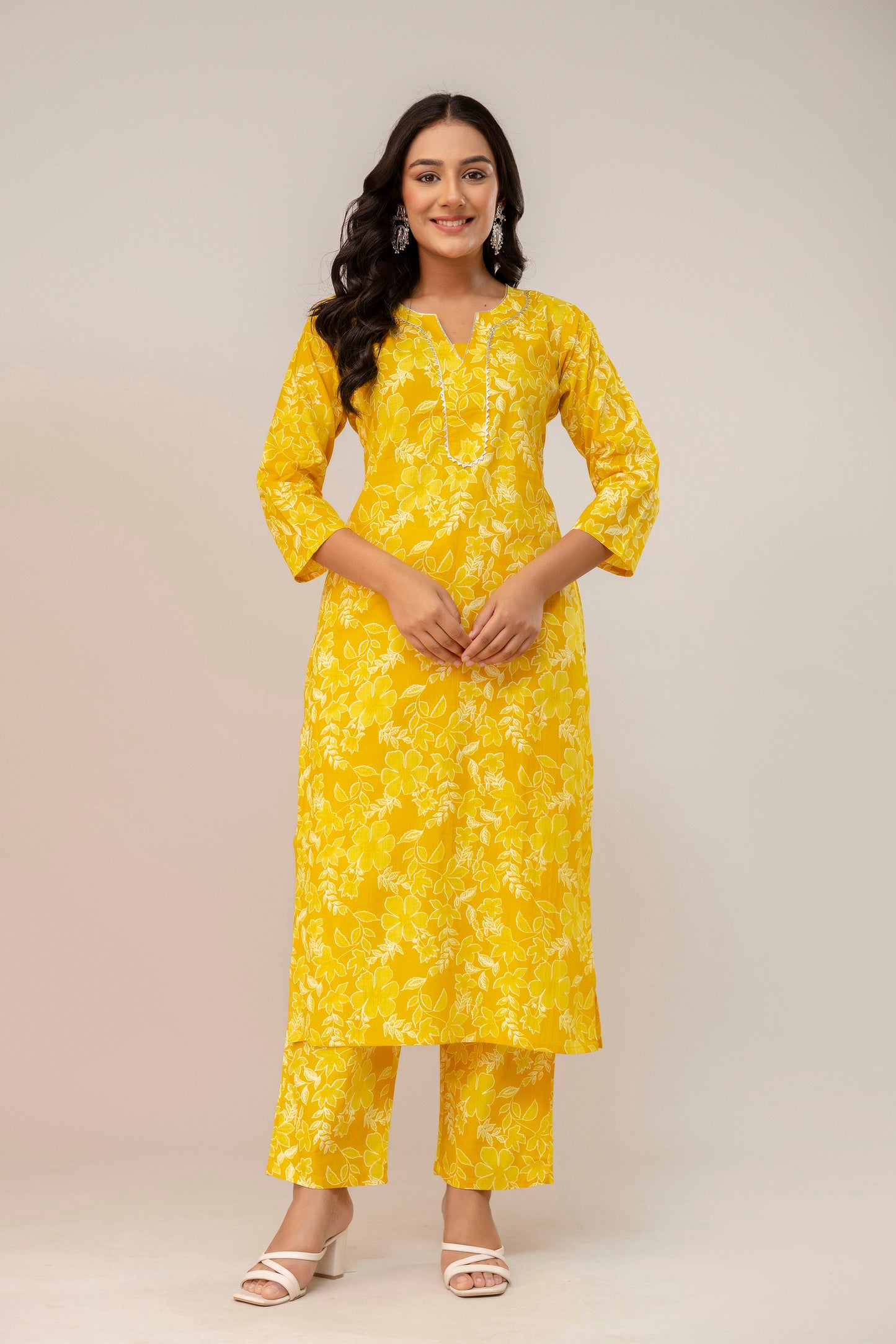 Sunshine Blossom Floral Cotton Kurta Pant Set β Mustard Yellow Radiance