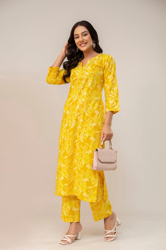 Sunshine Blossom Floral Cotton Kurta Pant Set – Mustard Yellow Radiance