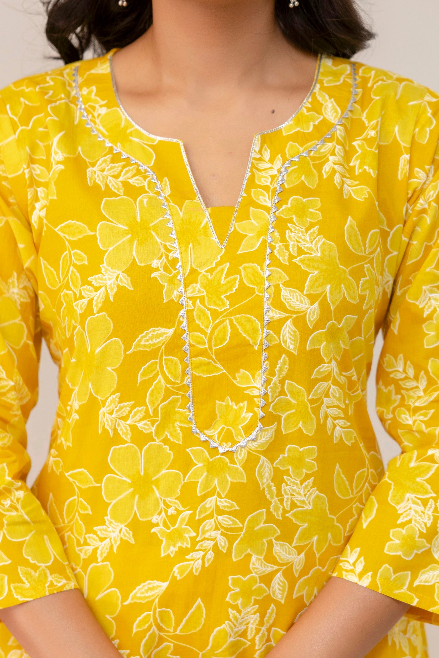 Sunshine Blossom Floral Cotton Kurta Pant Set β Mustard Yellow Radiance