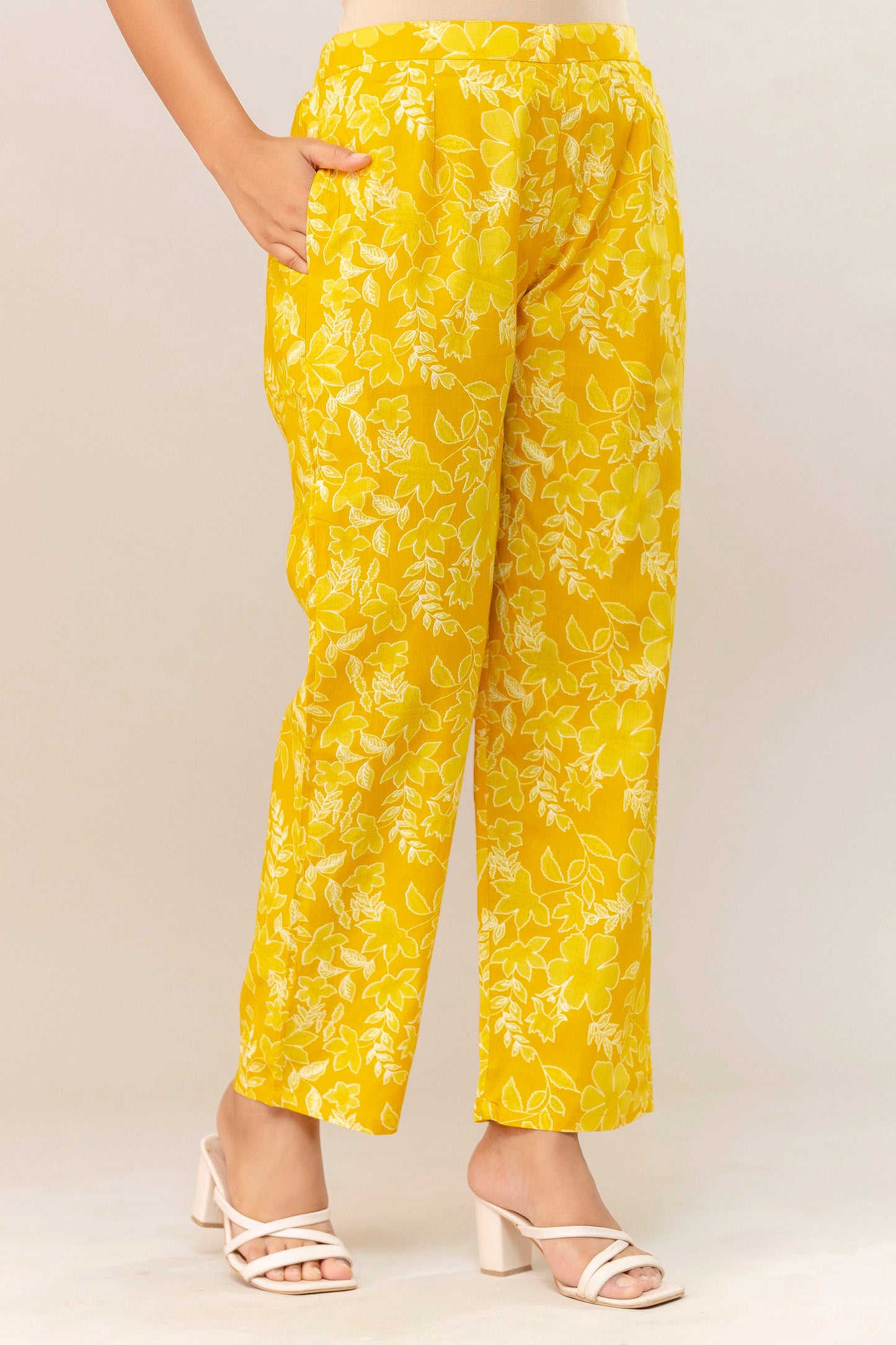 Sunshine Blossom Floral Cotton Kurta Pant Set β Mustard Yellow Radiance