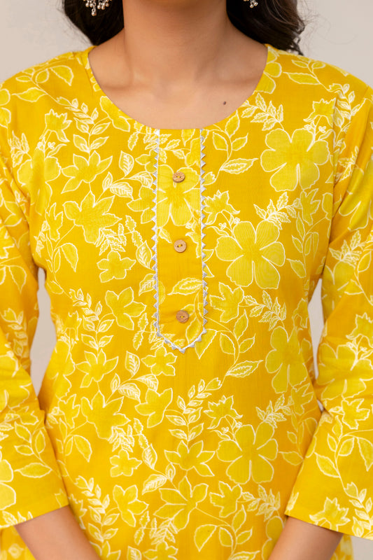 Sunshine Bloom Cotton Kurta Set – Mustard Yellow Floral