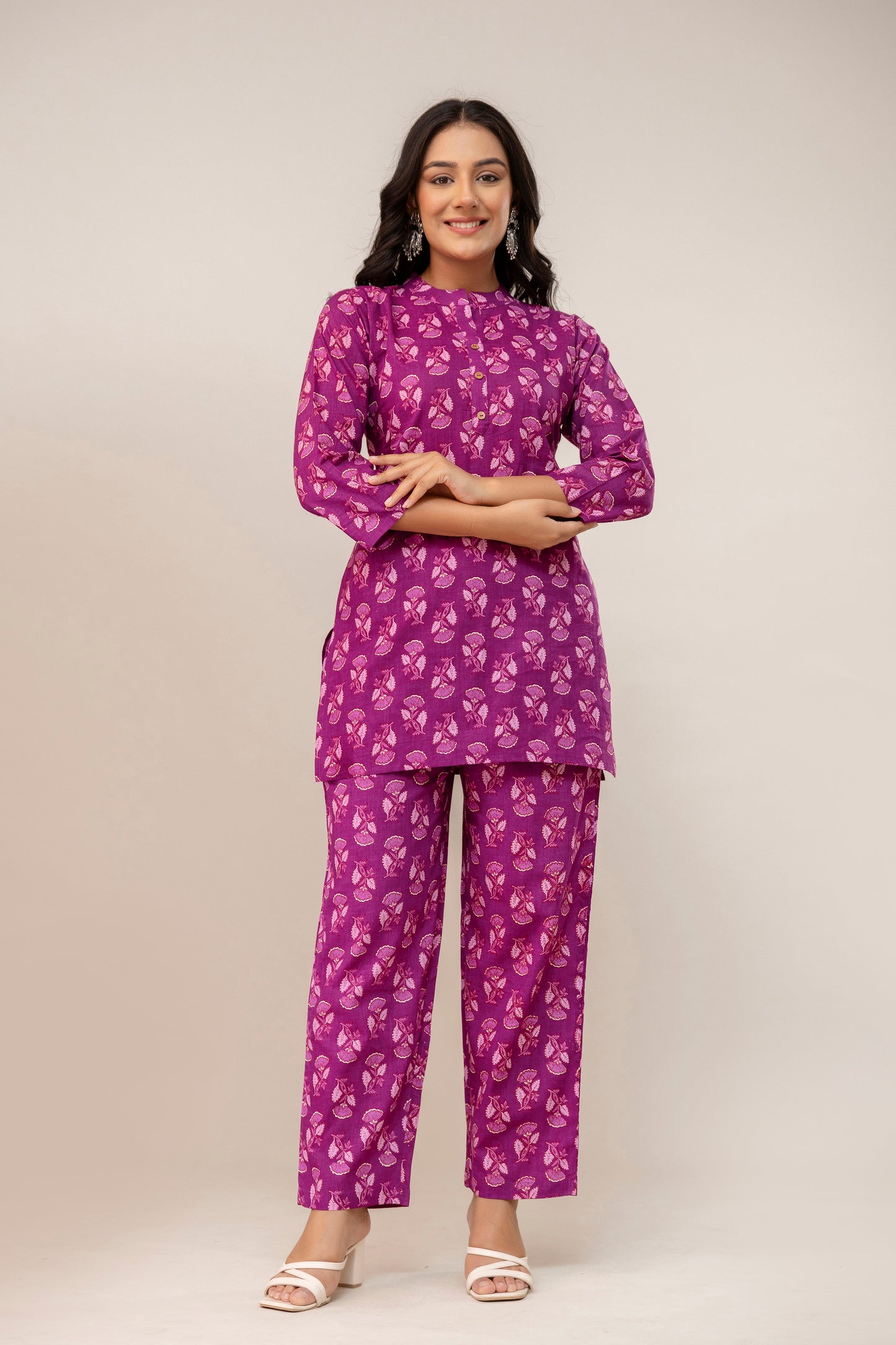 Plum Petal Printed Cotton Kurta Set β Violet Magenta