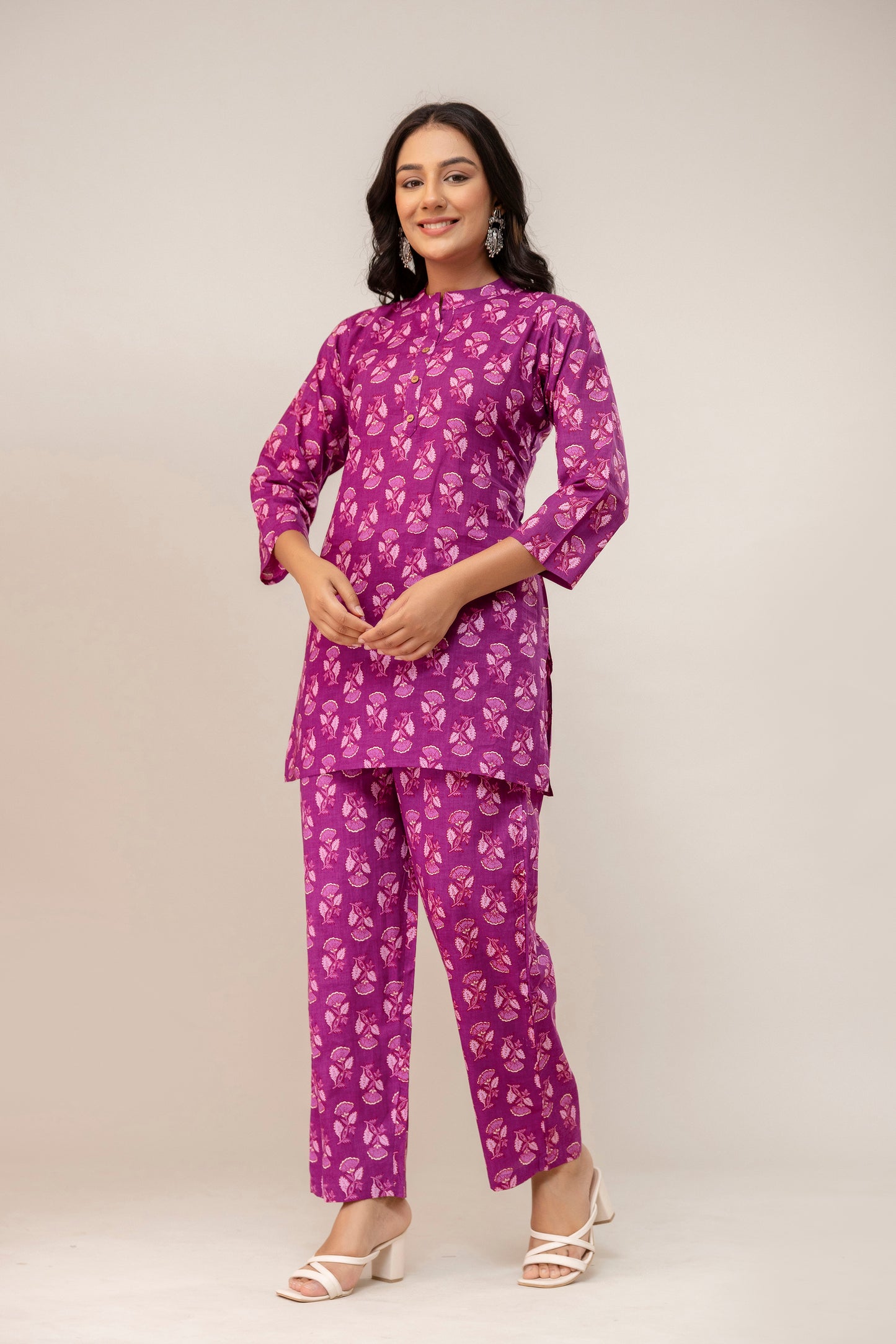 Plum Petal Printed Cotton Kurta Set β Violet Magenta