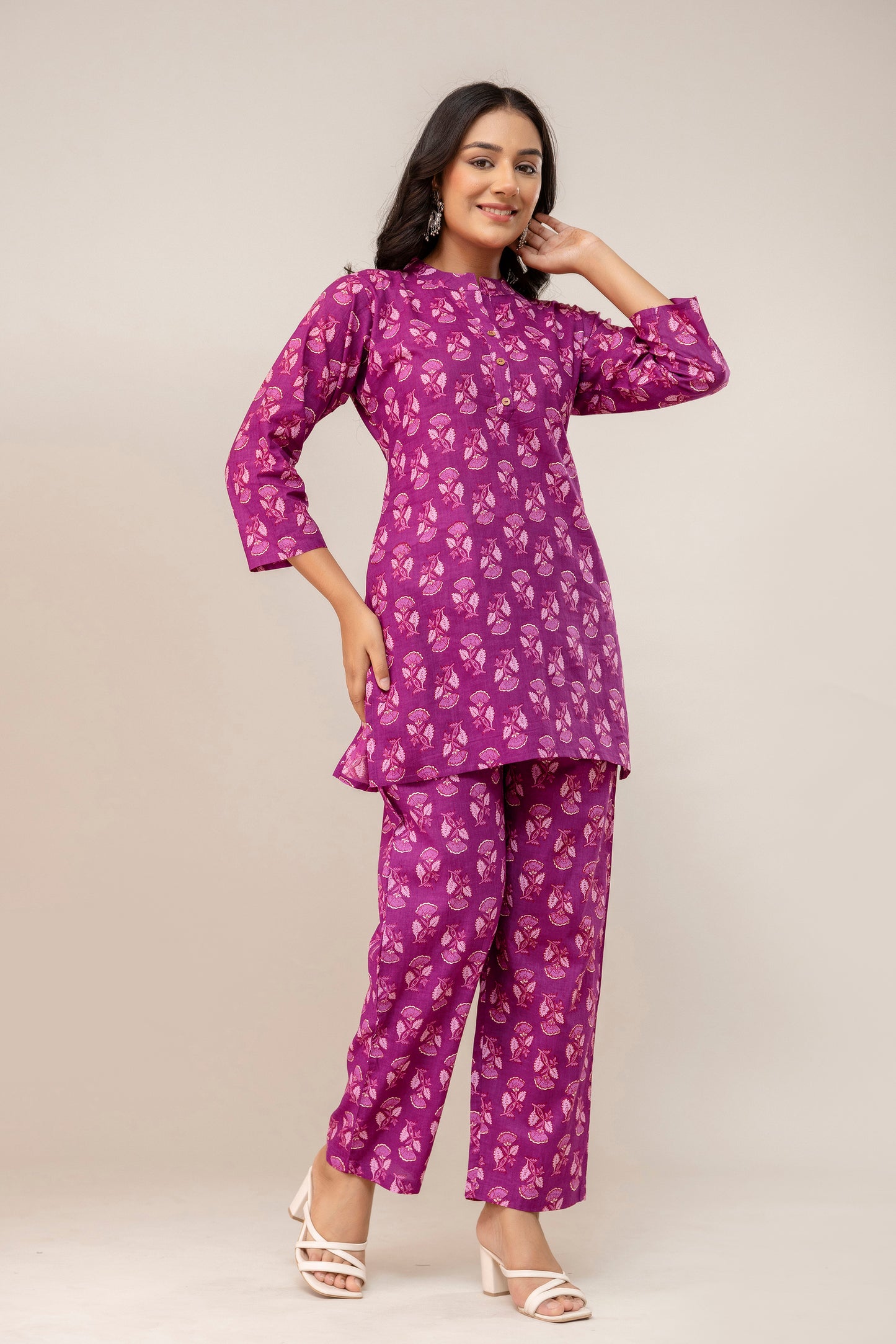 Plum Petal Printed Cotton Kurta Set β Violet Magenta