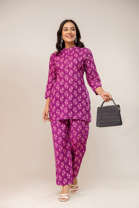 Plum Petal Printed Cotton Kurta Set – Violet Magenta