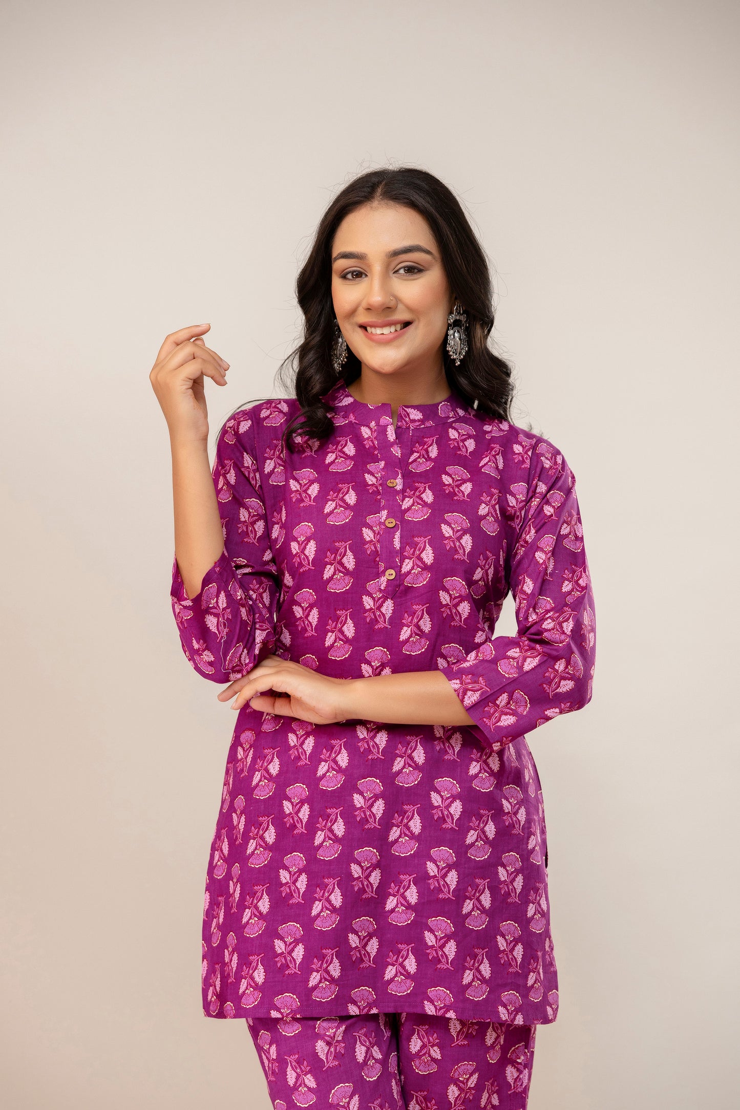 Plum Petal Printed Cotton Kurta Set β Violet Magenta