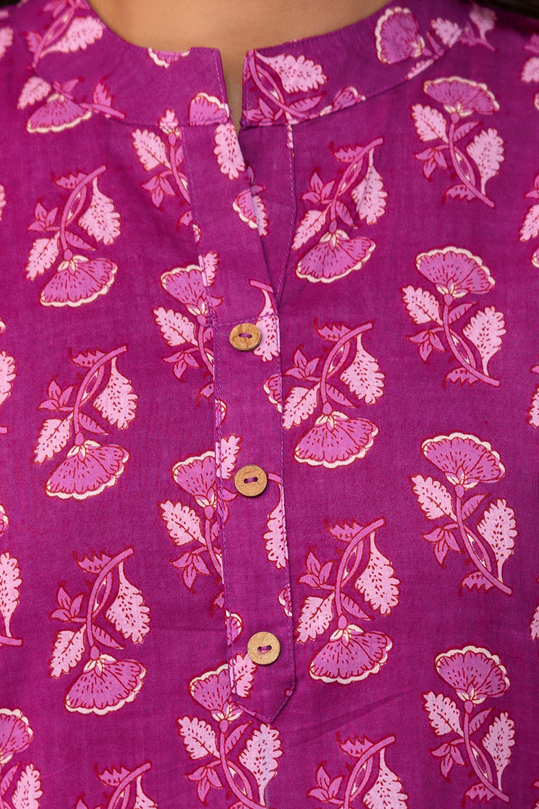 Plum Petal Printed Cotton Kurta Set β Violet Magenta