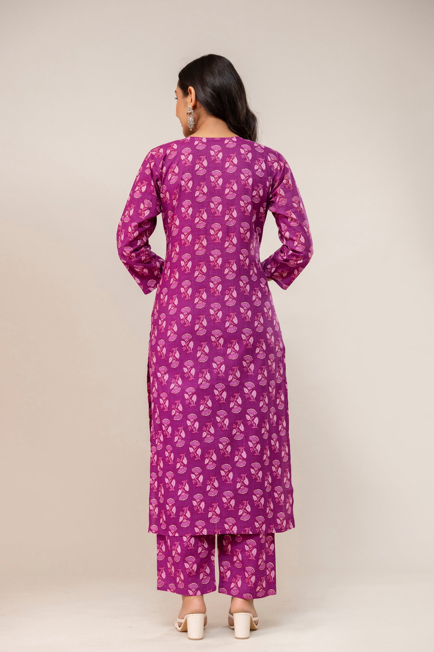 Royal Bloom Floral Cotton Kurta Pant Set β Plum Pink Elegance