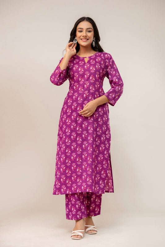 Royal Bloom Floral Cotton Kurta Pant Set – Plum Pink Elegance