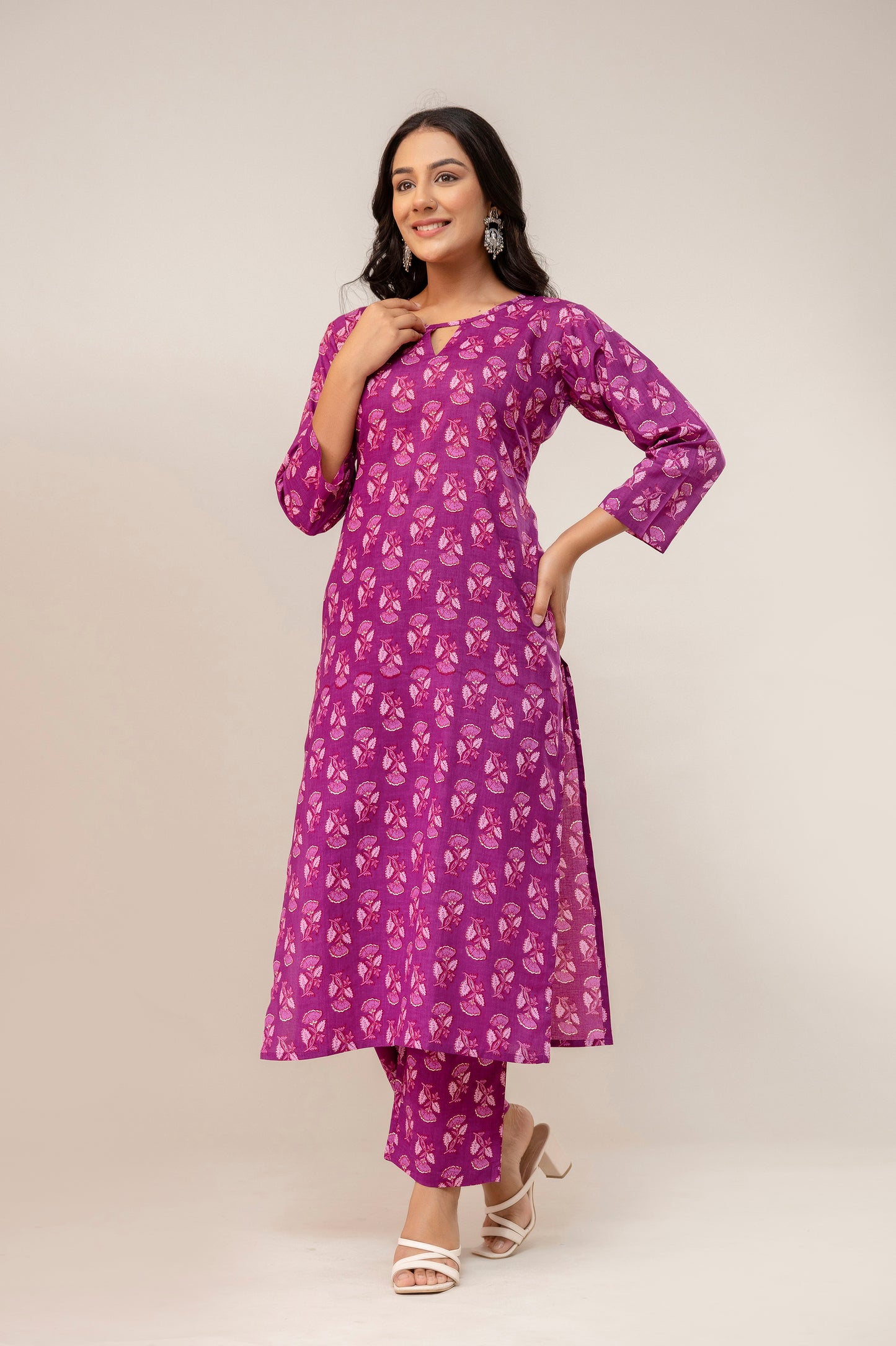 Royal Bloom Floral Cotton Kurta Pant Set β Plum Pink Elegance