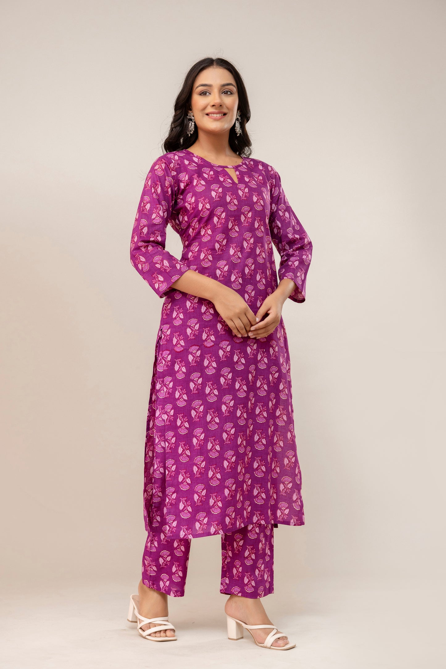 Royal Bloom Floral Cotton Kurta Pant Set β Plum Pink Elegance