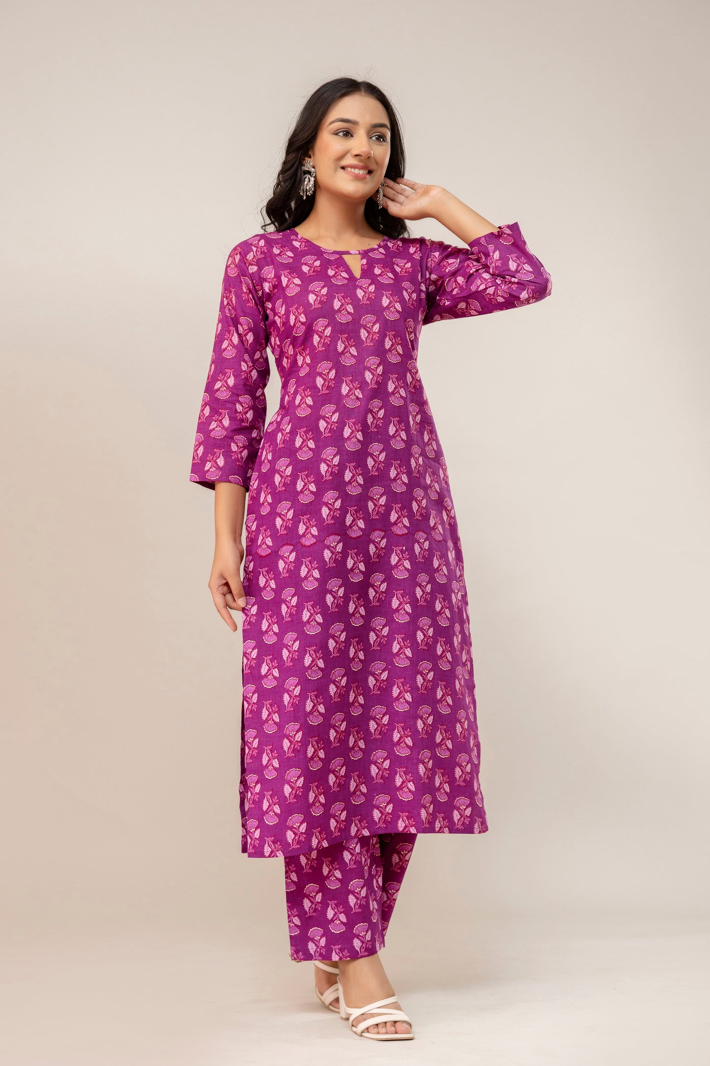 Royal Bloom Floral Cotton Kurta Pant Set β Plum Pink Elegance