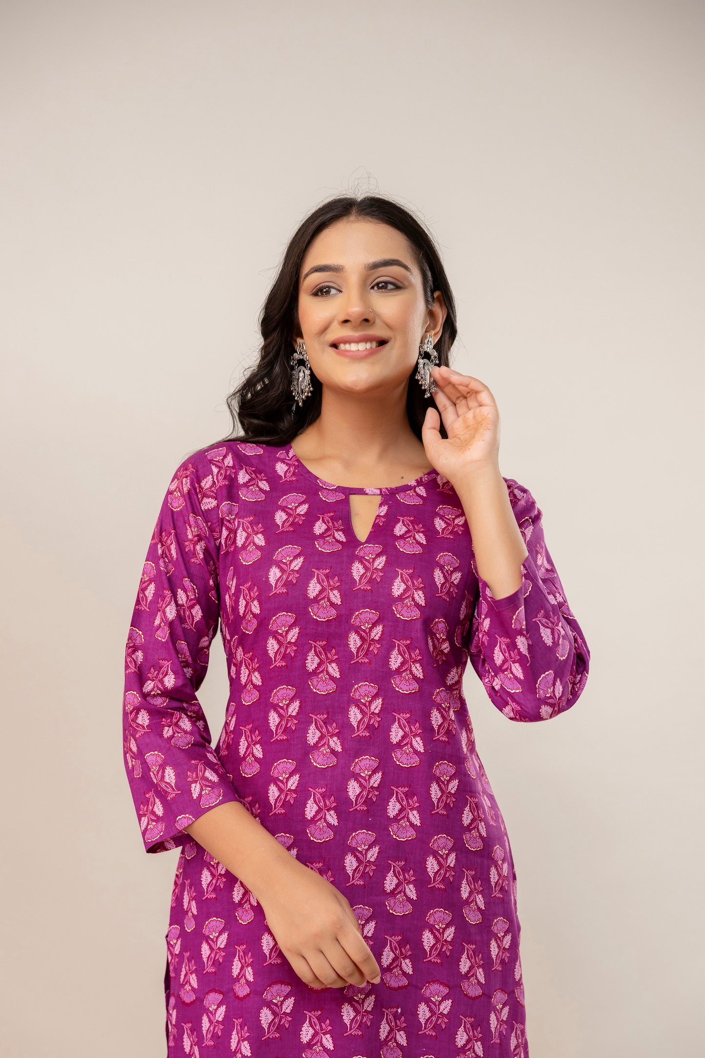 Royal Bloom Floral Cotton Kurta Pant Set β Plum Pink Elegance