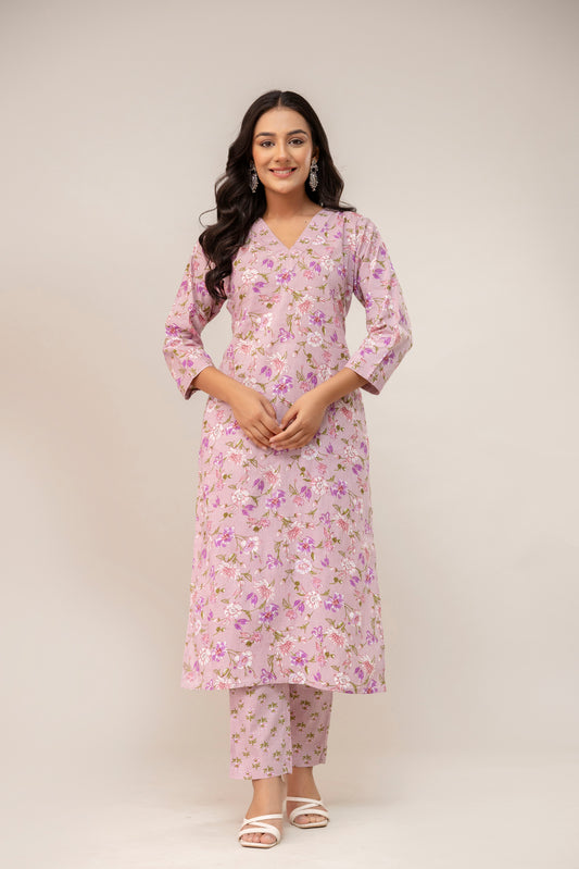 Blush Meadow Floral Cotton Kurta Pant Set – Soft Pink Elegance