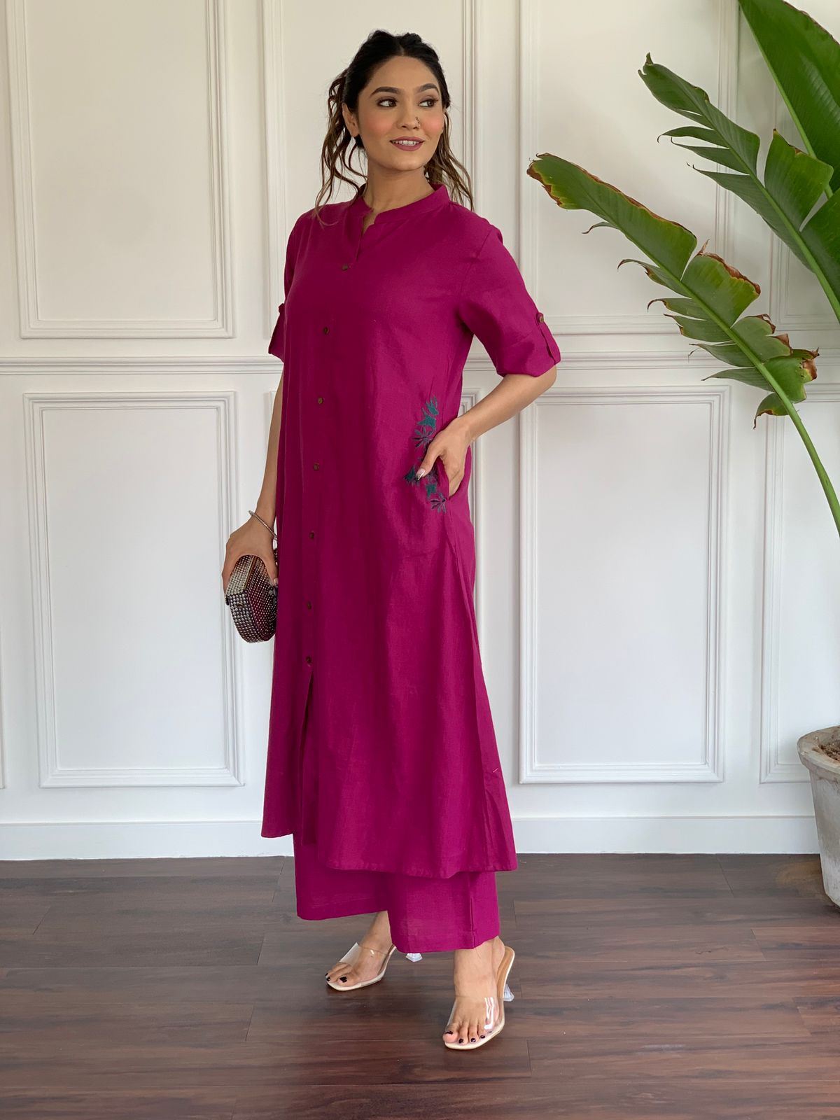 Fuchsia Pink Embroidered Cotton Kurta and Plazo Set with Pockets